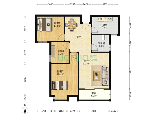盛江花苑蔷薇园 3室1厅1卫 105平方
