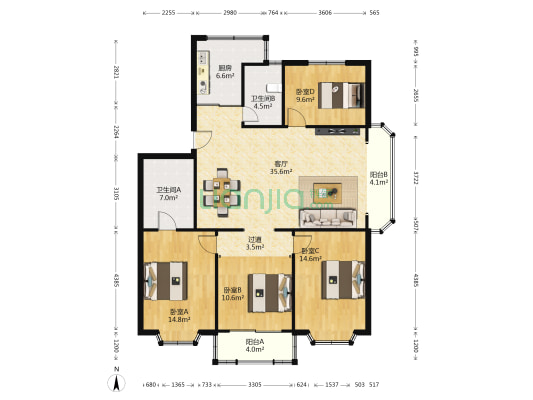 东宝花园 4室1厅2卫 132平方