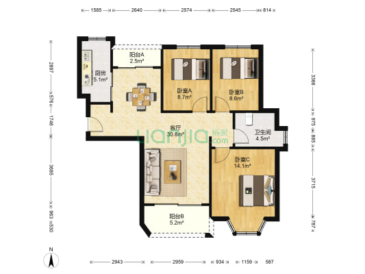 复兴家园 3室1厅1卫 104平方