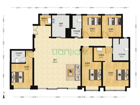 圆明天颂 5室1厅3卫 234平方