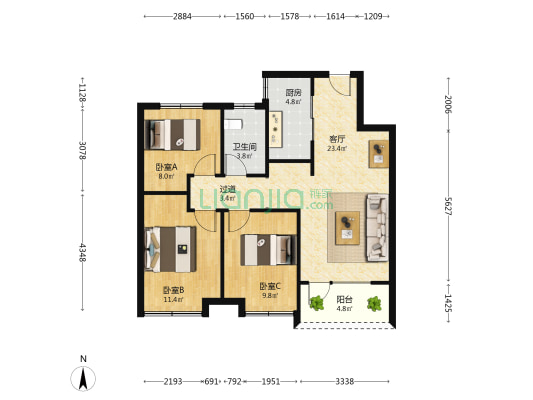 绿城诚园明礼苑 3室1厅1卫 95平方