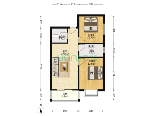 公园前 东直门医院 东南两居 毛坯房 户型方正-户型图