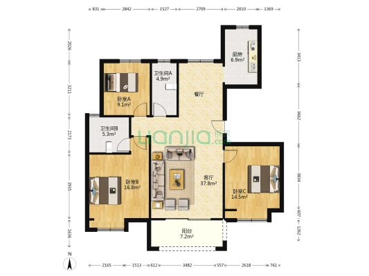 隐山观湖A区 3室1厅2卫 129平方