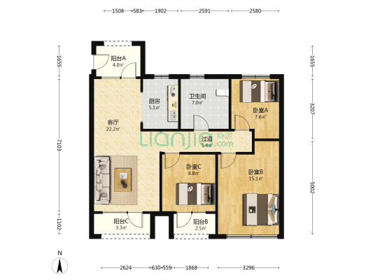 龙湖昱城一期 3室1厅1卫 113平方