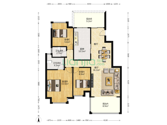 鸿馨园 3室1厅2卫 128平方
