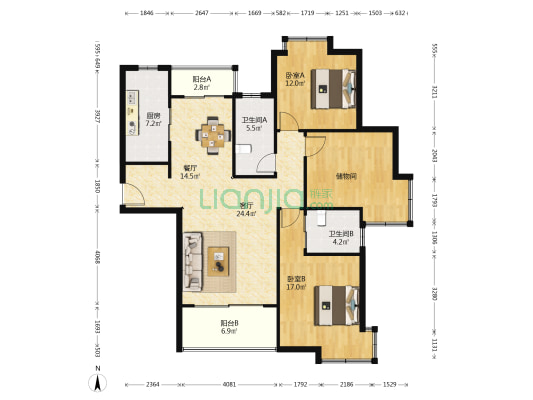 锦都玫瑰园 2室2厅2卫 132平方