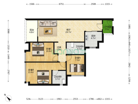 保利东郡 3室1厅2卫 105平方