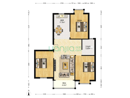 嘉利佳苑 3室1厅1卫 118平方