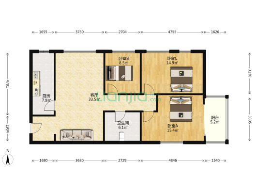 南关xiaoxue，70年大产权，满两年，精装修大三居-户型图