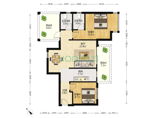 大和平·华西茗城 2室1厅2卫 89平方