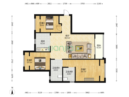 武地融创和平中心 3室1厅2卫 118平方