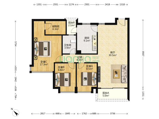 雍翠雅园 3室1厅1卫 123平方
