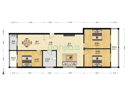 长安二建 3室2厅1卫 135平方