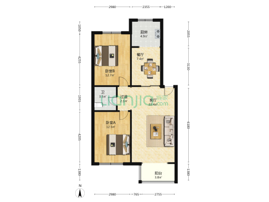 遵化制药厂家属院 2室2厅1卫 90平方