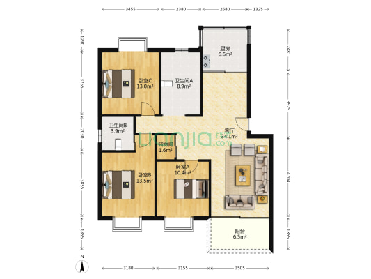 弘信花园南区 3室1厅2卫 119平方