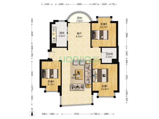 绿色家园 3室2厅1卫 93平方