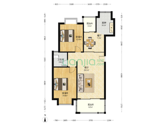 朝阳领秀住宅小区 2室2厅1卫 97平方