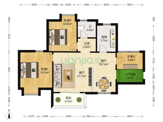 龙贤苑北区 3室2厅1卫 90平方