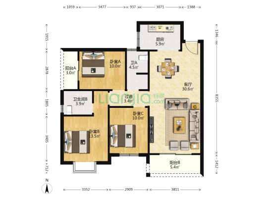 紫华郡 3室1厅2卫 116平方