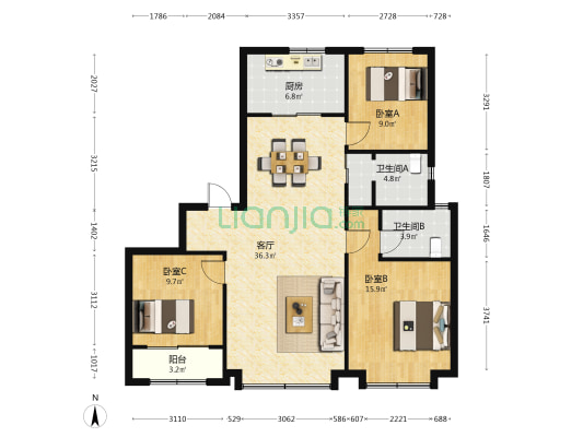 天地源云水天境 3室1厅2卫 139平方