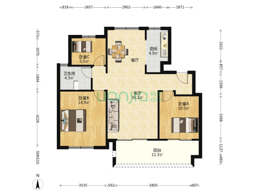 弘阳凤鸣府 3室1厅1卫 103平方