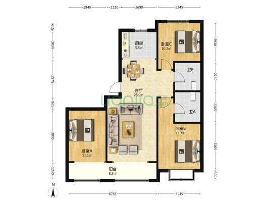 中凯毓秀名苑 3室1厅2卫 116平方