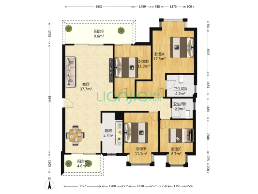 绿地中央广场二期 4室1厅2卫 140平方
