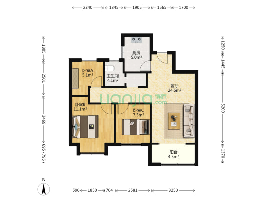 绿地IFC中央公馆B1-1区 3室1厅1卫 92平方