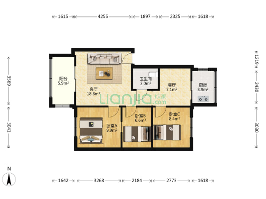 光明小区(涿州) 3室2厅 东 西-户型图
