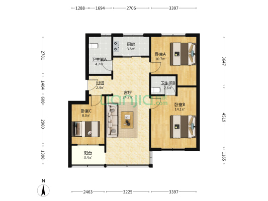 长客公司宿舍 3室1厅2卫 93平方