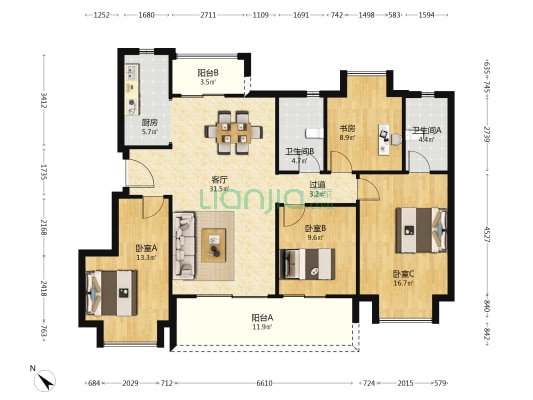 曲水风和竹里 4室1厅2卫 128平方