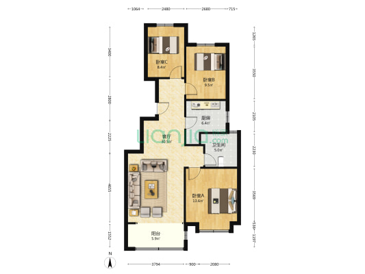 潮白河孔雀城晨曦园 3室1厅1卫 104平方