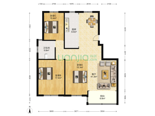 华芳国际花园 3室1厅1卫 130平方