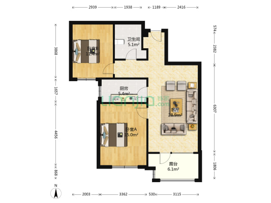 潮白河孔雀城鸿瑞苑 2室1厅1卫 88平方