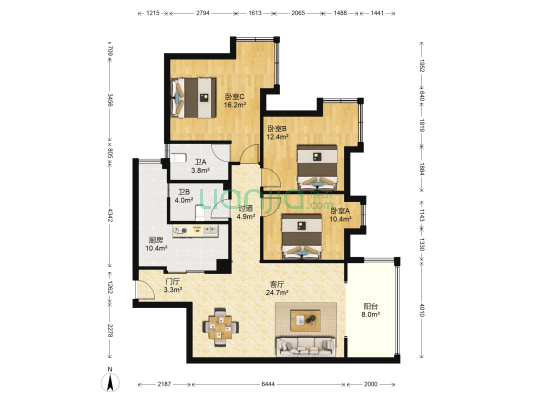 上东风景 3室1厅2卫 120平方