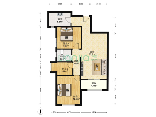中核世纪广场 3室1厅1卫 91平方