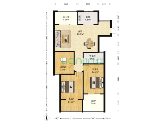 赞成檀府 2室1厅1卫 109平方