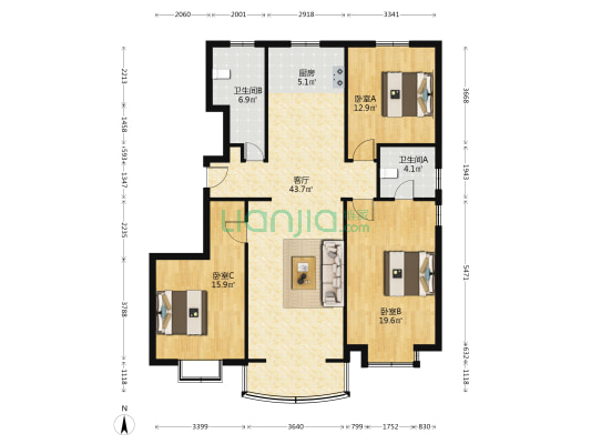 渔人码头二期 3室1厅2卫 139平方