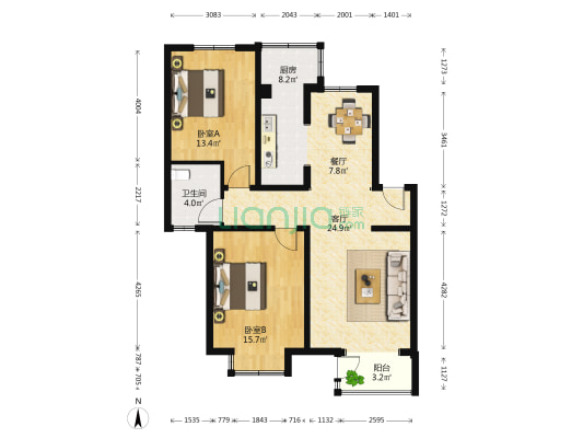 中体花园一号 2室2厅1卫 99平方