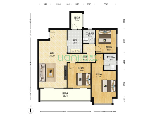 麓鸣九天麓吟苑 3室1厅2卫 121平方