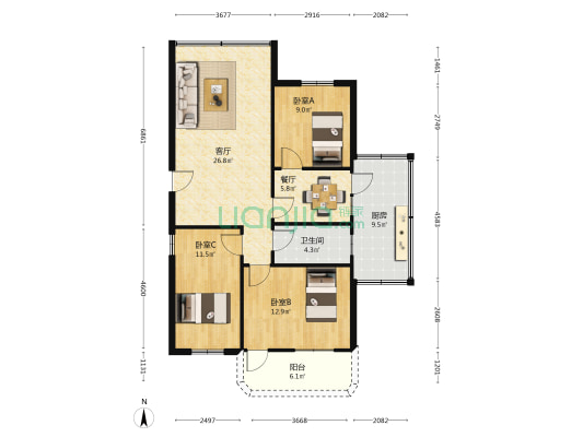 白泥三路 3室2厅1卫 102平方
