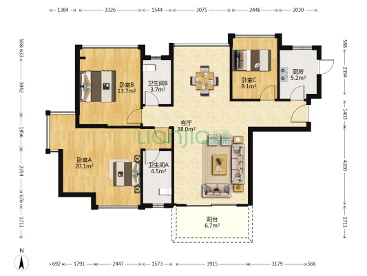 德福华府 3室1厅2卫 117平方