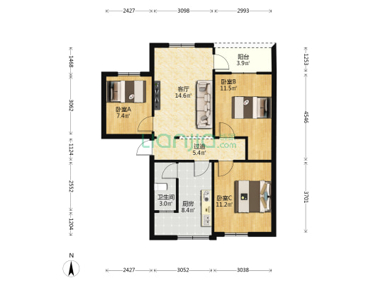 新光里三街 3室1厅1卫 87平方