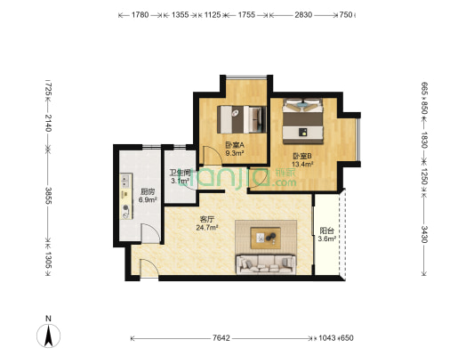 江运大厦 2室1厅1卫 76平方