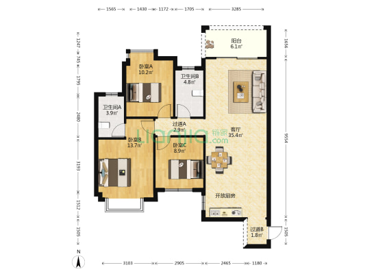 铭凯豪庭 3室1厅2卫 109平方