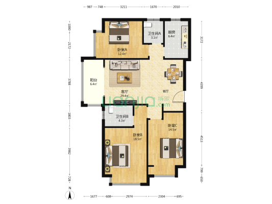 瀚宇天悦湾13号院 3室1厅2卫 123平方