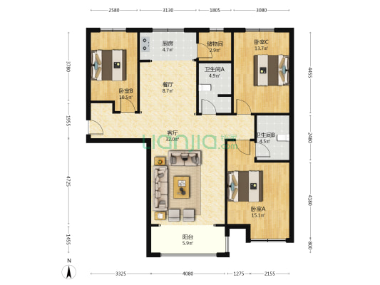 南北通透三居 金品时代 诚意出售-户型图
