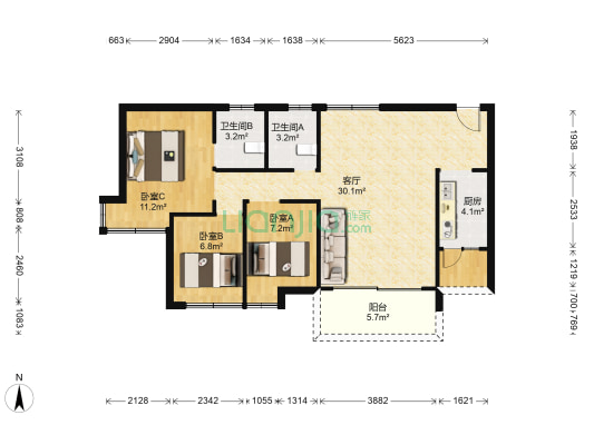 峰景湾 3室1厅2卫 87平方