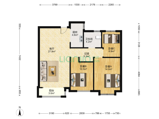 宝境棠棣 3室1厅1卫 108平方