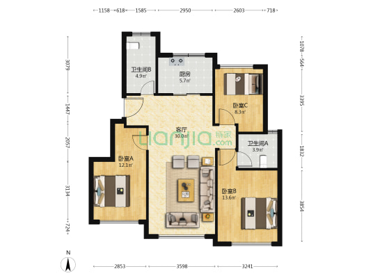 金地·万悦城 3室1厅2卫 102平方
